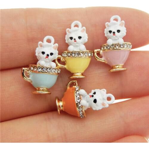 Julie Wang 4PCS Enamel Teacup Poodle Charms Puppy Dog Alloy Gold Tone Rhinestone Cup Necklace Bracelet Jewelry Making Accessory