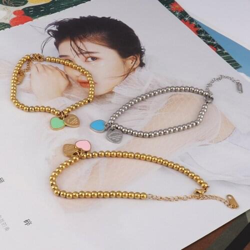 Stainless Steel Bracelet Bead Bracelets For Women Heart Pendant Bracelets Love Heart Bead Bracelet Geometric Bracelet Jewelry