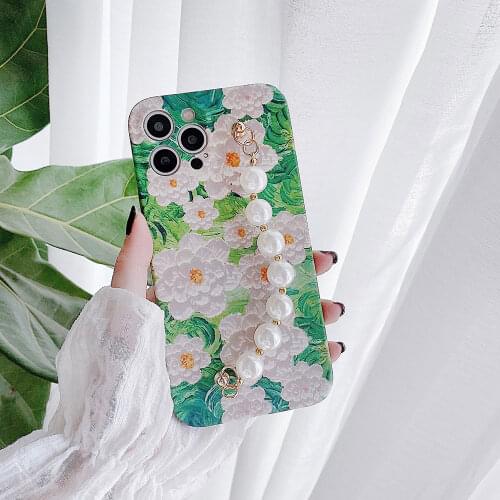 Phone Case with Pearl Bracelet Chain For iphone 12 11 Pro max XS 12mini 7 8 plus X XR Plant Green Leaf Flowers Liquid Soft Cover