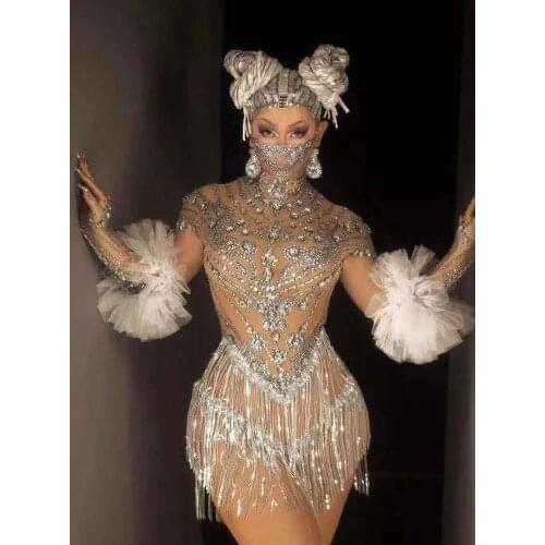 Designer Crystal Sequin Tassel Party Dress With Gloves Women Stretch See Through Prom Rhinestone Dress Latin Dance Stage Wear