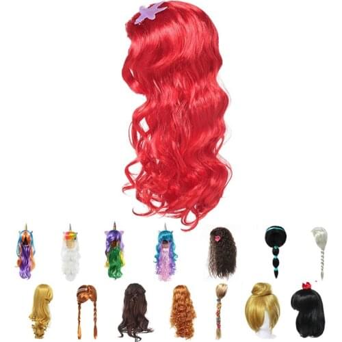 Girls Little Mermaid Kids Elsa Anna Aurora Red Wig Princess Cosplay tangled Braid Jasmine Moana Unicorn Hair For Party