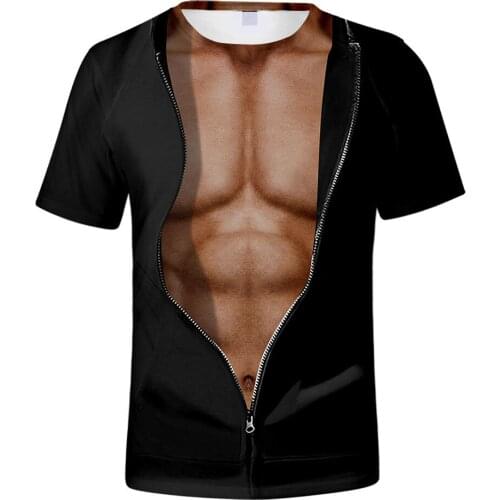Mens 3D T-Shirt Bodybuilding Simulated Muscle Tattoo T-Shirt Casual nude skin chest muscle Tee Shirt Funny Short-Sleeve Clothes