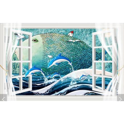 Customized photo wallpapers 3d wall murals wallpaper 3D window big fish cartoon mural background wall 3d living room wallpaper