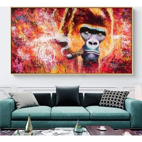 DDWW Large Size Animal Picture Art Wall Canvas Painting Art Poster Red-haired Smoking Orangutan Modern for Living Room