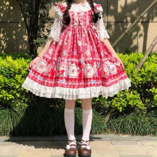 Strawberry Tea Party Lolita Dress Kawaii Japanese Sweet Cute Girl Vintage Rabbit Print Spaghetti Strap Dress 2021 Summer Vestido