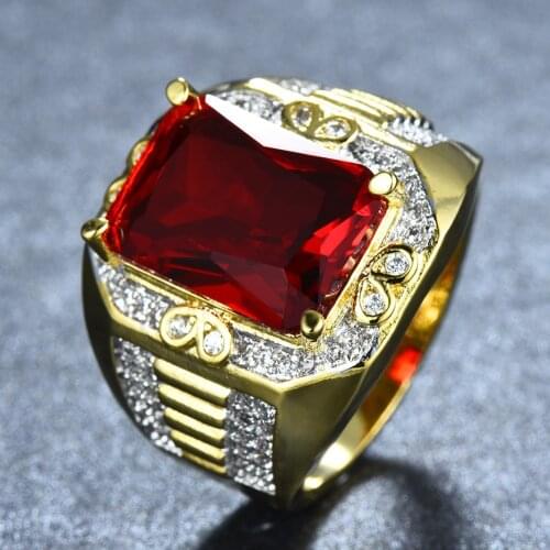 European and American Style Ring Gold-plated Copper Red Rectangular Large Zircon Ring Exquisite Temperament Jewelry
