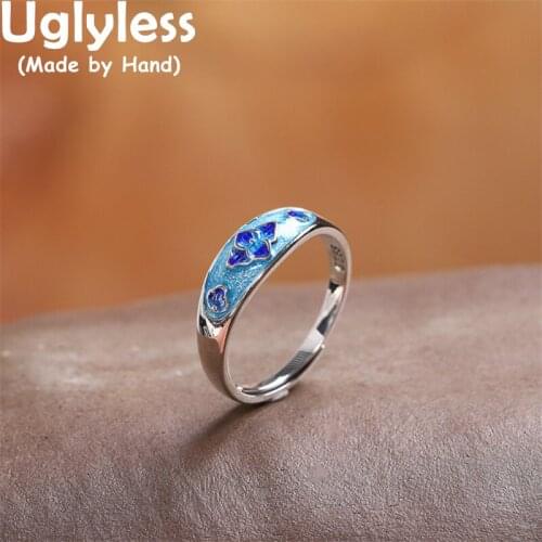 Uglyless Enamel Blue Flower Rings for Women China Chic Jewelry Real 925 Sterling Silver Floral Rings Ethnic Vintage Dress Rings