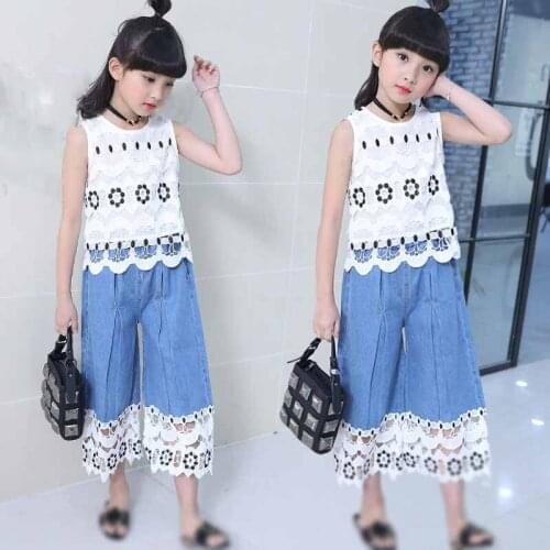 Girls' Suit 2021 Summer New Style Big Kids ChildrenS Denim Wide-Leg Pants+Flower Hollow Vest Leisure Clothing Sets 4-13Y