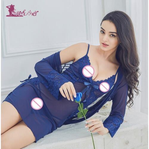 Lurehooker 2018 3 Pieces Sexy Lingerie Hot Perspective Lace Bathrobes 5 Color Erotic Underwear Hollow Out Porn Sexy Costumes