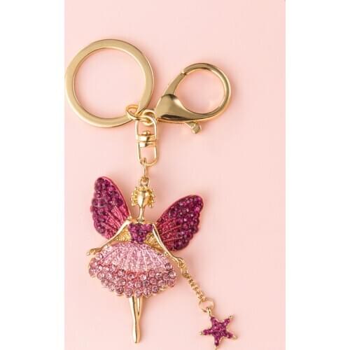 Crystal Angel Rhinestone Inlaid Metal Keychain Pink Green Creative Pendant Bag Car Keyring Jewelry Lanyard Accessory Girl Gift