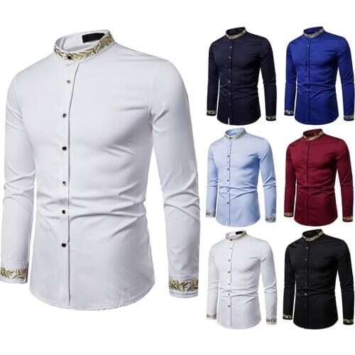 Mens Fashionable Embroidered Shirt American Western Style Shirt Embroidered with Patterns Henry Collar Long Sleeve Shirt