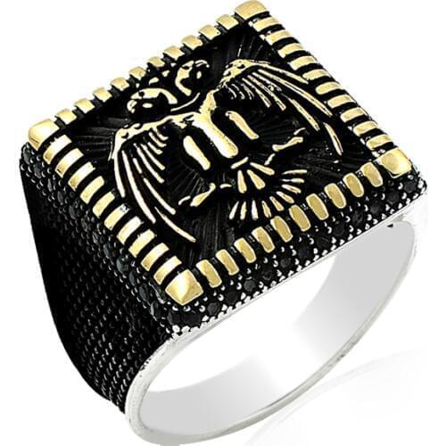 925 Silver Two Head Eagle Printed Resurrection Ertugrul Rings for Men