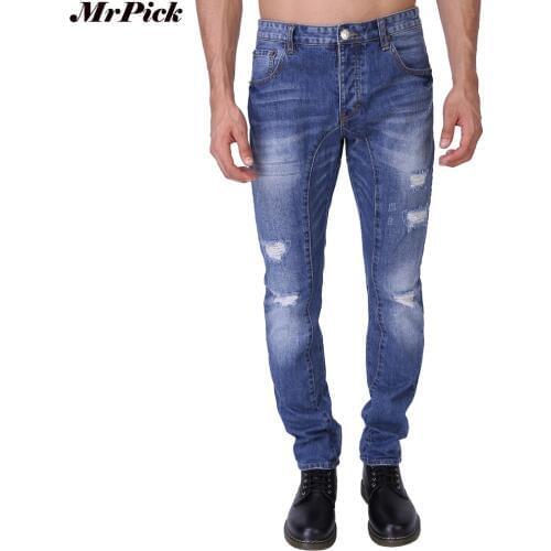 2017 New Men Button Fly Ripped Jeans Hole Distressed Destroyed Hip Hop Designer Brand Slim Fit Pencil Denim Jeans T0106