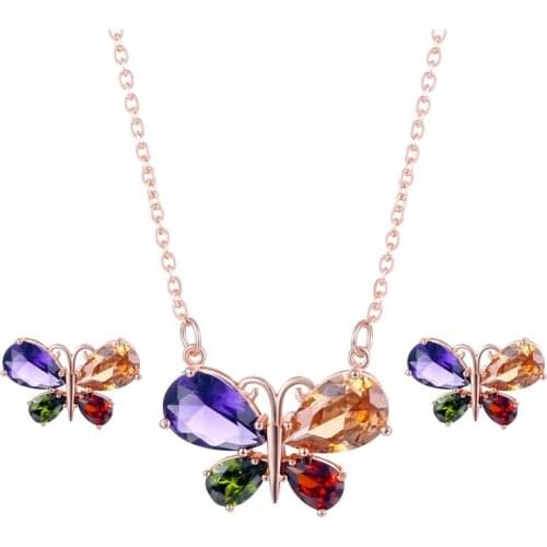 Colorful Butterfly Chain Necklaces Sets CZ Zircon Insect Charms Rose Gold Earrings For Women Jewelry Sets Bridal Gift