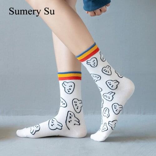 Cute Socks Women Long Cotton Casual Funny Rabbit Pattern Creative Girls Cartoon Black White Middle Tube Sock Gifts 1 Pairs Pack