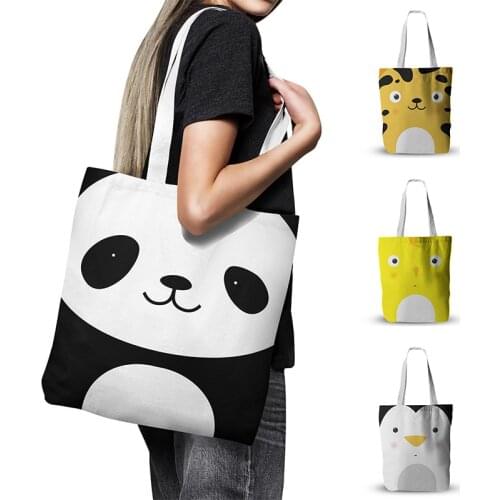 New Women Cartoon Handbag Color Animal Face Panda Lion Shoulder Canvas Bag Large Capacity Girl Reusable Shopping Bag Grocery Bag