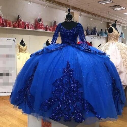 Newest Sweetheart 15 Dress Royal Blue Sparkly Sequined Quinceanera Prom Dresses Long Sleeve Ball Gown Birthday Dress