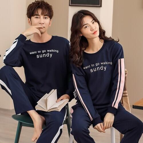 Couple Nightwear Suit Summer Sweet Cute long Sleeve Pajamas printing Homewear Men& Women Plus Size M-3XL Cotton Pijamas Mujer