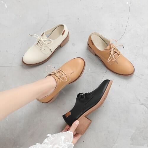 Casual Women Oxford Shoes 2020 Genuine Leather Lace Up Square Heel Fashion Ladies Office Shoes Brown 932465