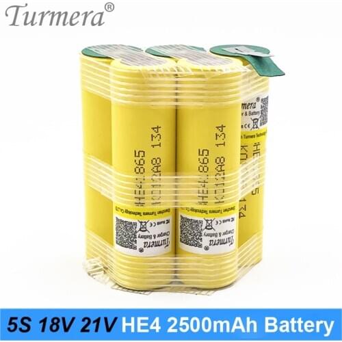 Turmera 5S 18V 21V 18650 HE4 2500mah 20A 35A Soldering Rechargeable Lithium Battery for Screwdriver Batteries and Vacuum Cleaner