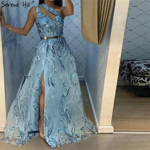 Serene Hill Dubai Blue One Shoulder Sexy Evening Dress 2020 A-Line Sleeveless Sequins Sparkle Formal Party Gown CLA70374