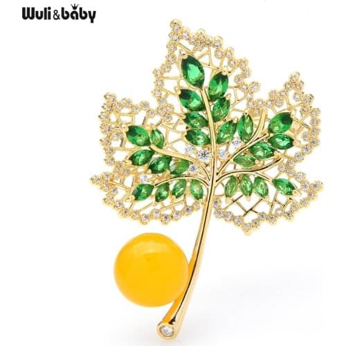 Wuli&baby 2-color New Elements Maple Leaf Brooches For Women Men Luxury Flower New Year Brooch Pin Gifts