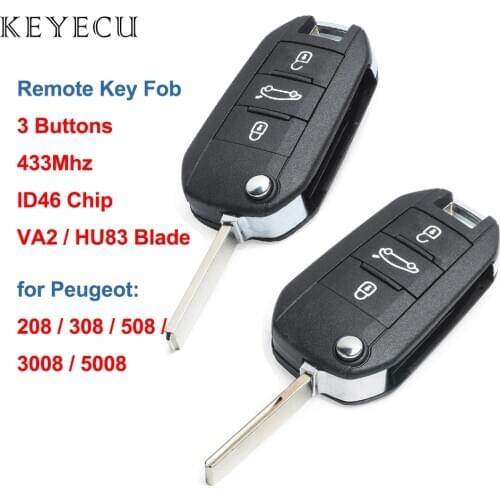 Keyecu Replacement Flip Remote Key Fob 3 Buttons 433MHz with ID46 Chip for Peugeot 208 308 508 3008 5008