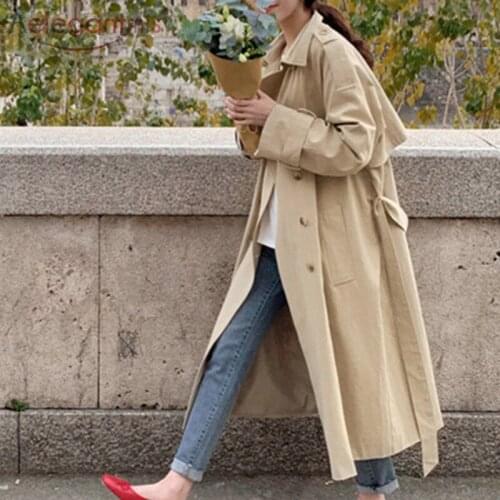 Aelegantmis Cotton Linen Oversized Trench Coat for Women British Belt Double Breasted Loose Female Windbreaker Chic Coat 2021