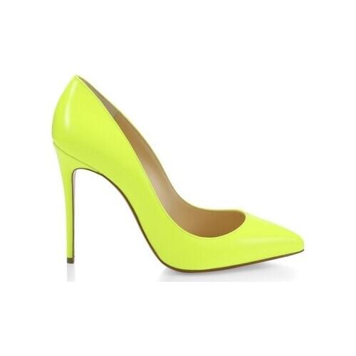 Moraima Snc Pointed Toe Woman Pumps 12cm Thin heels Lemon Green Patent leather High Heel Shoes Slip on Dress Heels