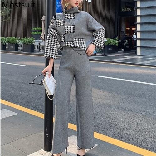 2020 Spring Houndstooth Knitted 2 Piece Sets Outfits Women Turtleneck Tops + Wide Leg Pants Suits Fashion Elegant Office Sets