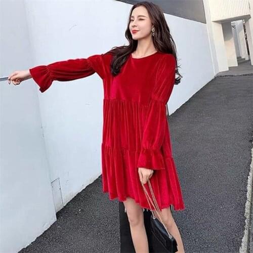 2020 Autumn Winter Velvet Mini Women Dress Vintage Casual Pleated Elegant Dress Fashion Full Flare Sleeve Vestidos M-4XL 5XL 6XL