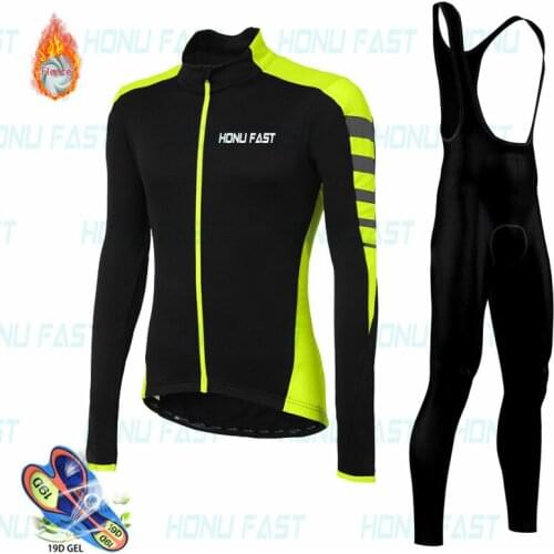 2021 Team Winter Thermal Fleece Cycling Clothes Men Long Sleeve Jersey Suit Outdoor Riding Bike MTB Clothing Bib Pants Set