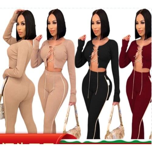 2021 autumn/winter new 2 one-piece women sportswear 2 piece knitwear top sexy contrast color rib fashion set