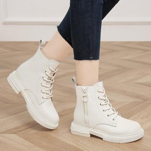 Genuine Leather Martin Boots Women 2021 British Style Fashion All-Match Motorcycle Boots Ladies White Female Autumn nude Boots