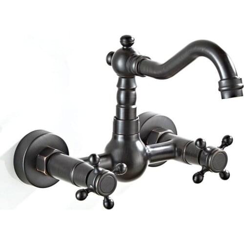Black Swivel Tall 2 Handles Wall Mounted Faucet Black ORB Bathroom Wash Basin Sink Bathtub Tap Mixer Faucet Ceramic Base