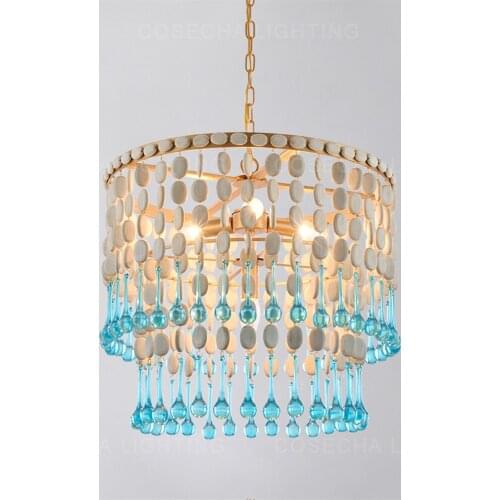 Mediterranean loft wooden chandelier nordic elegant design blue glass drop lamp for living room bedroom kitchen home decoration
