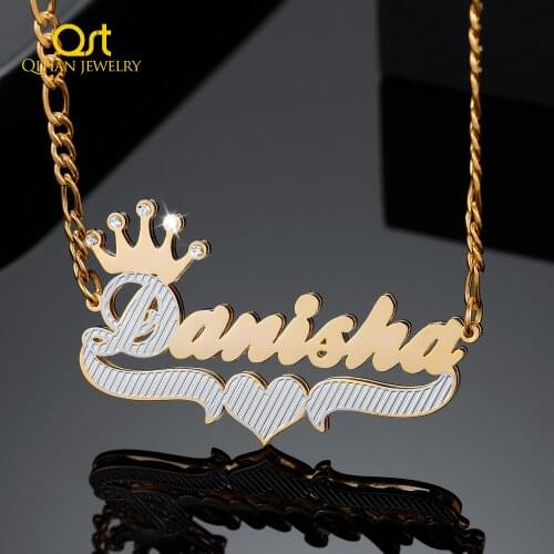 Double Layer Two Tone with Crown Heart Personalized Custom 18K Gold Plated Name Necklace Nameplate 3D Pendant For Women Jewelry