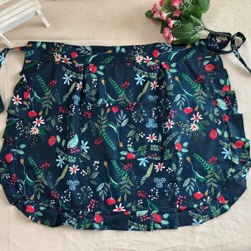 Pure cotton double-layer half-length sleeveless apron retro blue printed anti-fouling waistband Korean cute kitchen baking