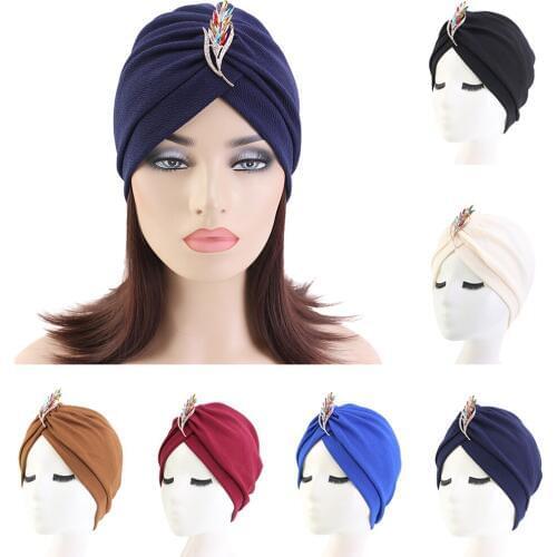 Indian Women Elastic Chemo Cap Turban Hat Muslim Scarf Hat Brooch Bonnet Beanies Hair Loss Head Cover Cancer Stretch Headwear