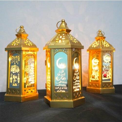 2021 Ramadan LED Lights tower Mosque Lantern Eid Mubarak Festival Warm Light Lamp Decoration Iron Crafts Desktop Eid Decoration