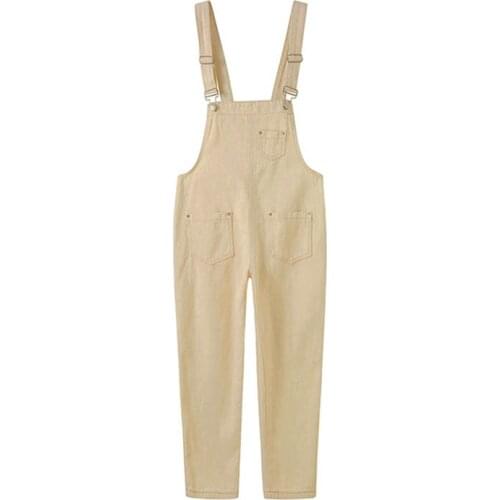 PERHAPS U Khaki Bib Denim Overall Dungarees Full Length Pockets Women Spring Autumn Casual High Street Hole J0070