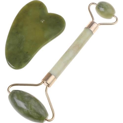 Massage Roller+Body Guasha Board for Facical Massage Natural Jade Guasha Scraper Face Massage Roller Set