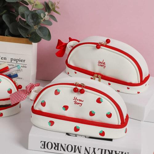 SaYing Large Capacity Cherry Pencil Cases Double-Layer Portable Strawberry Love PU Pencil Bag Kawaii Stationery School Supplies