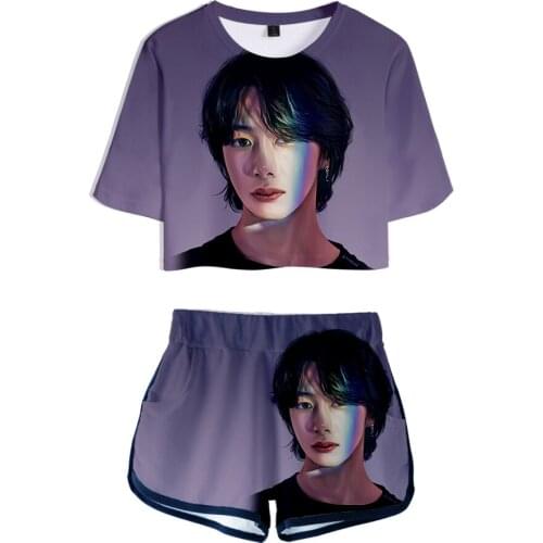 Popular Kpop MONSTA X Sportswear Womens Sportswear Two-piece Short Top + Shorts Girls Sexy Cool Summer Shorts Set