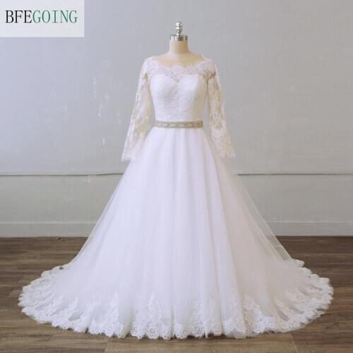 Luxurious White Lace Tulle Beading Bridal gown Floor-Length Ball gown Wedding dresses Chapel Train Custom made