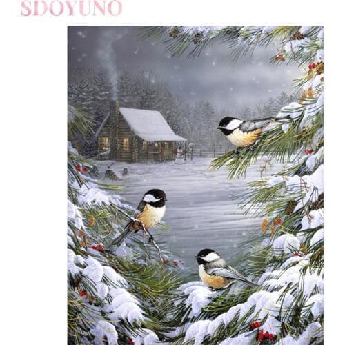 SDOYUNO DIY painting by number with frame for adults kids birds Snow scenery Acrylic Paint By Number Wall Art Picture home decor