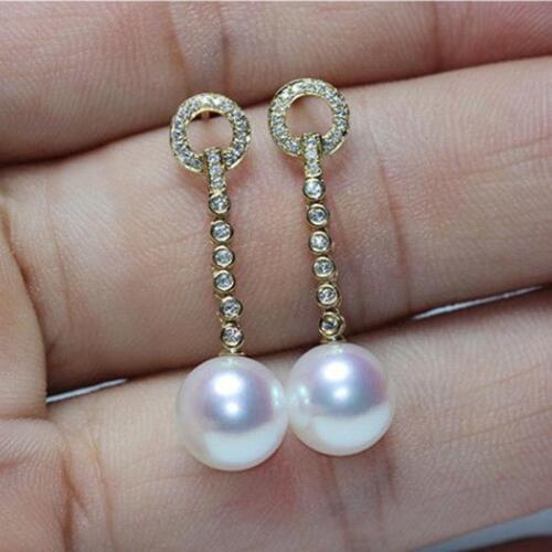 Gorgeous 18k pair of 10-11 south sea round white pearl dangle earring