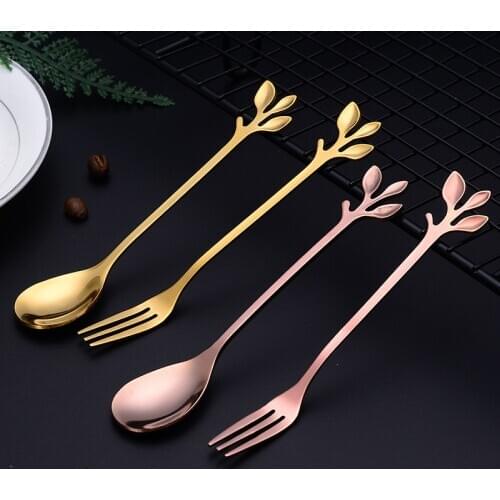 Rose Gold Creative Stainless Steel Leaf Tableware Cake Dessert Coffee Spoon Fruit Steak Fork Home Western Restaurant Utensils