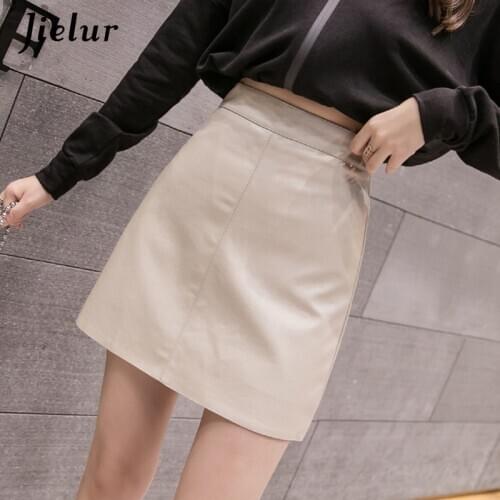 Jielur Leather Skirt Autumn Winter New Korean High Waist Mini Skirt Female 4 Colors Chic Black Sexy Saia A-line PU Skirts Women