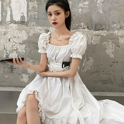 Leiouna Sweet Preppy Square CollarWhite Puff Sleeve Ruffles Femme Lrregular Sashes Ruched Mujer Lace Women Dresses